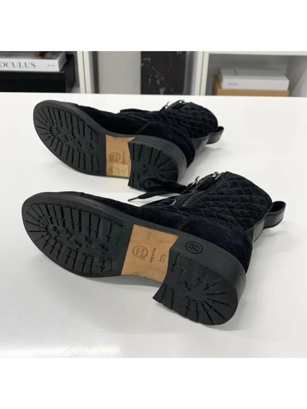 Chanel CC Logo Suede Leather Quilted Short Boots
